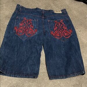 Denim Shorts with Red Embroidery